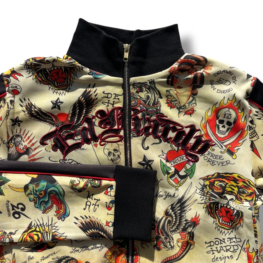 Ed Hardy L Cream Black Tattoo Shrunken Flashboard Print Cropped Track Jacket Y2K